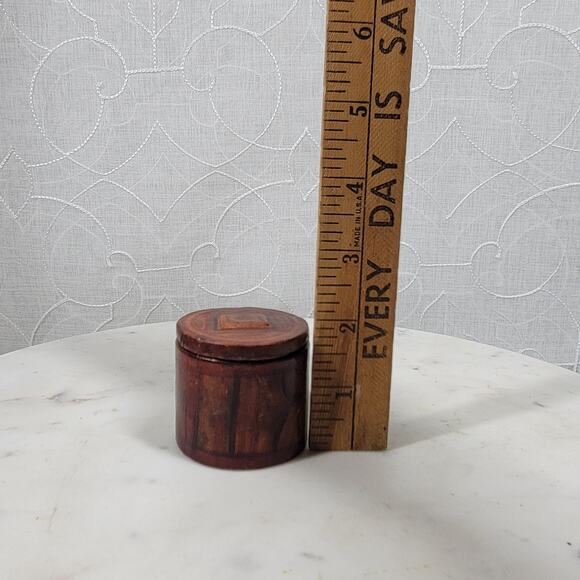 VTG Leather Box Lid 1.75" Brown Red Tooled Cylynder Storage Jar Travel - Picture 15 of 15